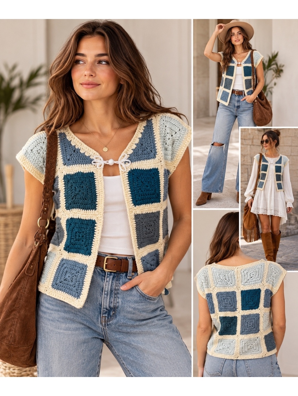 Handmade Granny Square Crochet Vest Blue Teal Cream Boho
